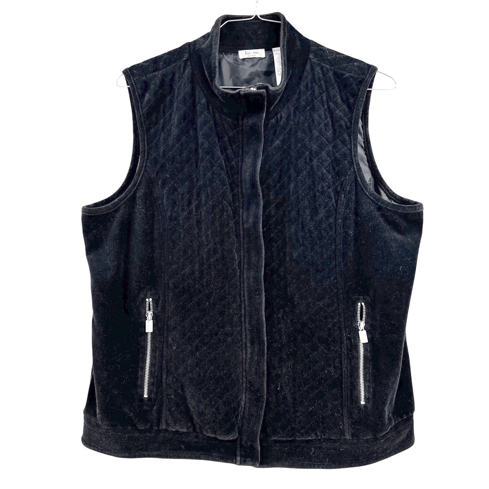 Vintage Liz & Co Claiborne Women's Black Quilted Velvet Vest Plus Zip Lined‎ 1X
